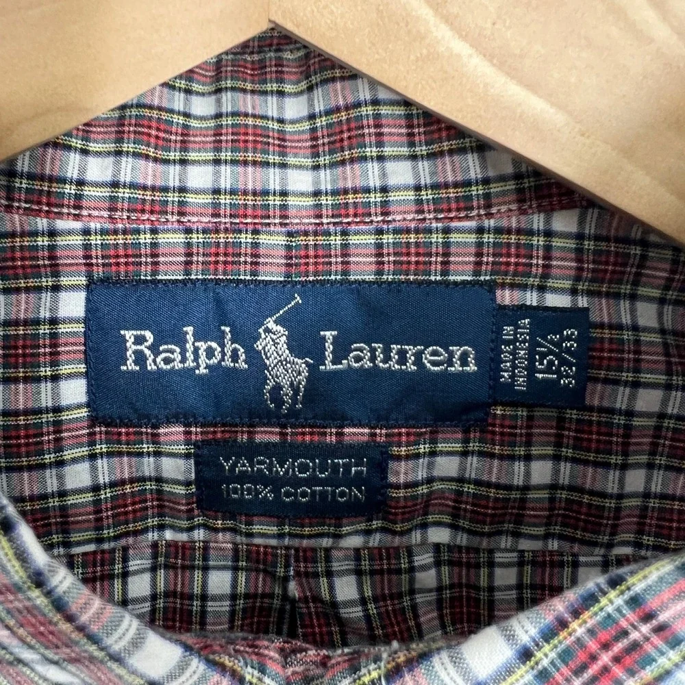 Ralph Lauren Yarmouth Mens 15.5 32/33 Tartan Plaid Button‎ Down Shirt Red Cotton